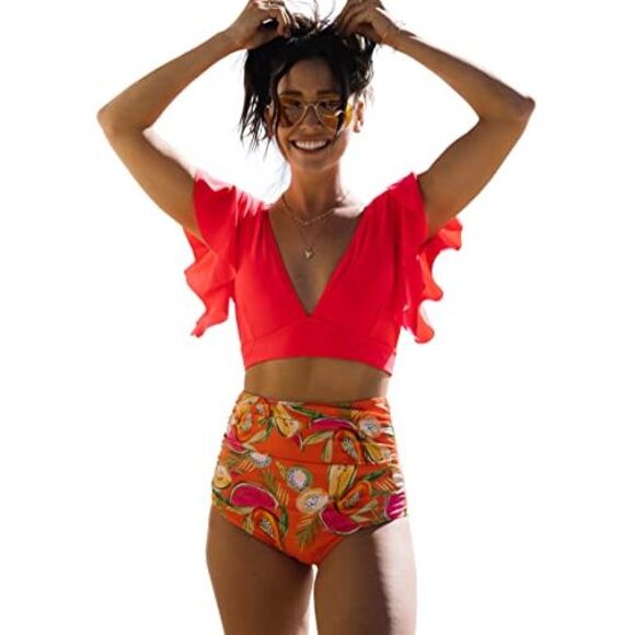 Sporlike Other - Womens Ruffle High Waist Swimsuit Two Pieces (Watermelon Pink, Medium), Size: M